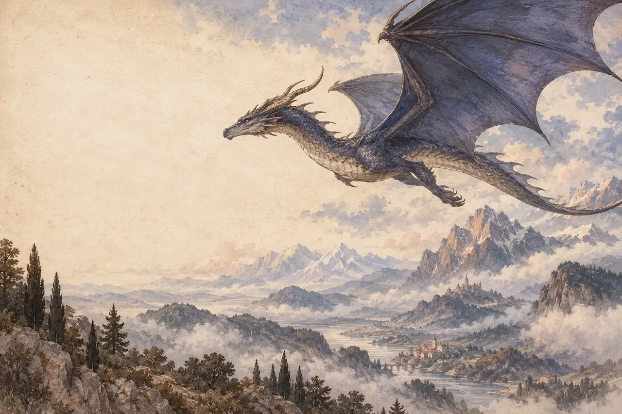 Original illustration of an indigo dragon gliding over a misty mountain valley